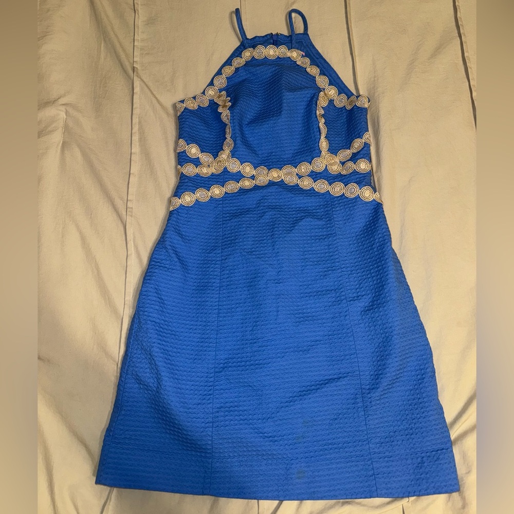 Lilly Pulitzer Pearl Shift in Bennet Blue Gold Trim Sleeveless Dress 💙 size 0